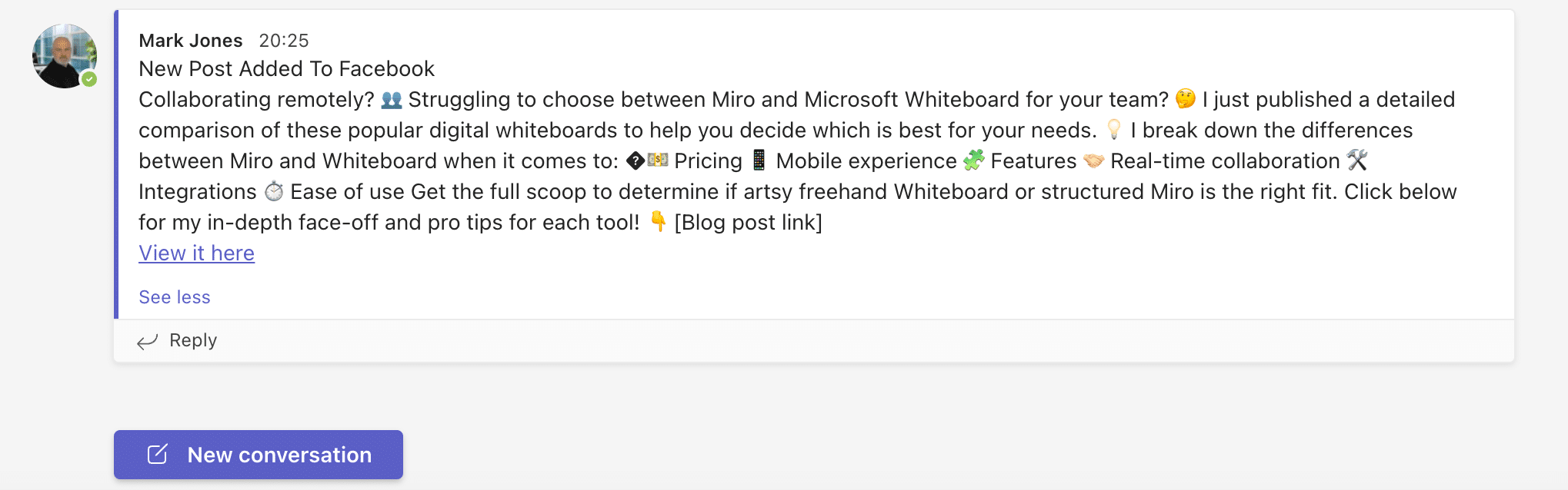 a facebook post as a channel message in teams