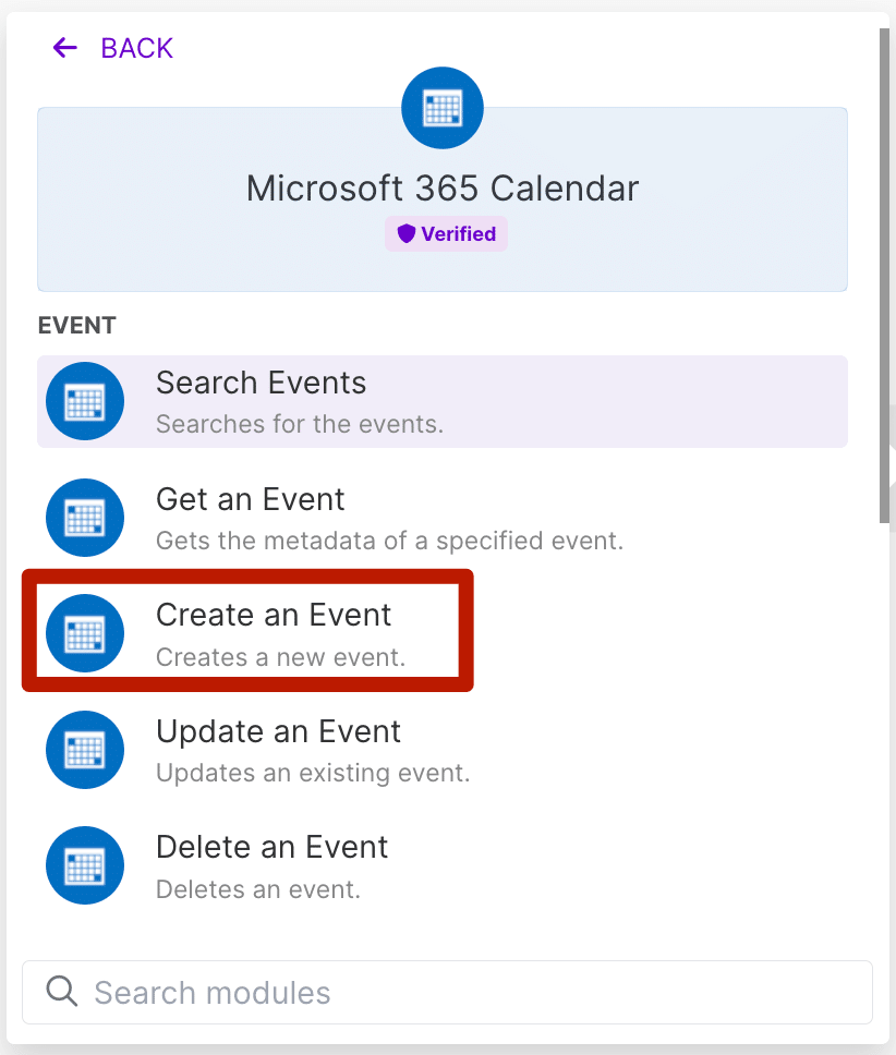 add microsoft calender create event in make