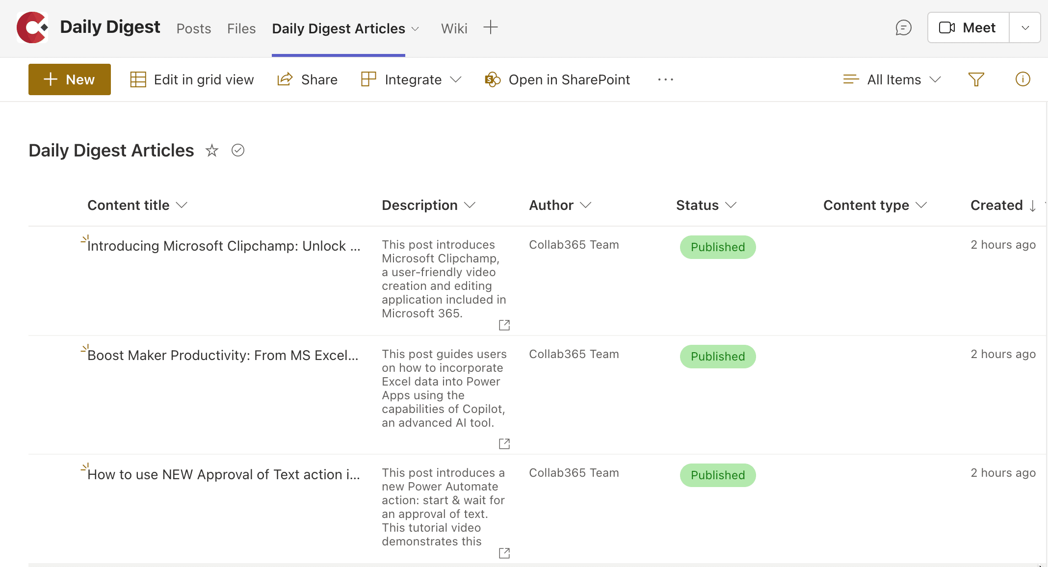 articles displayed in teams sharepoint