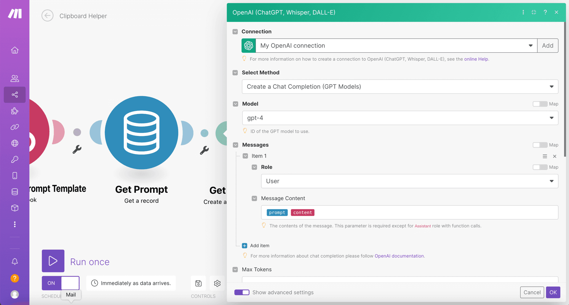 calling openai api from the make scenario