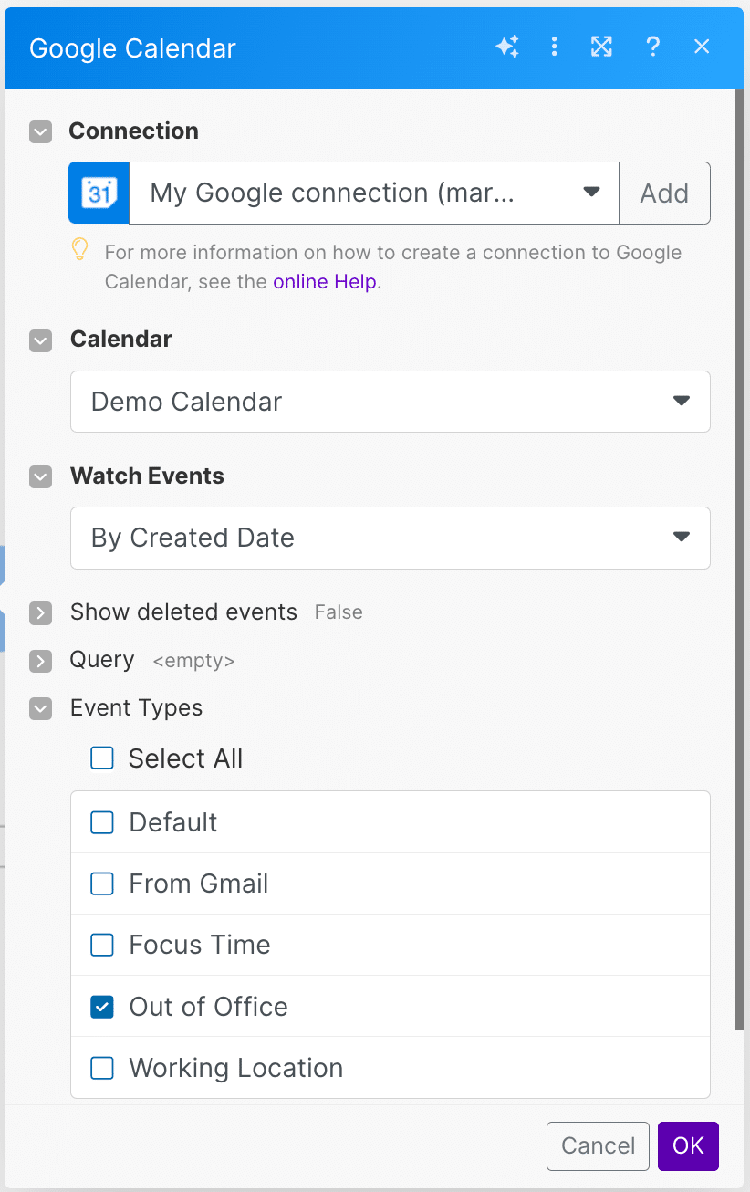 configure google calendar in make