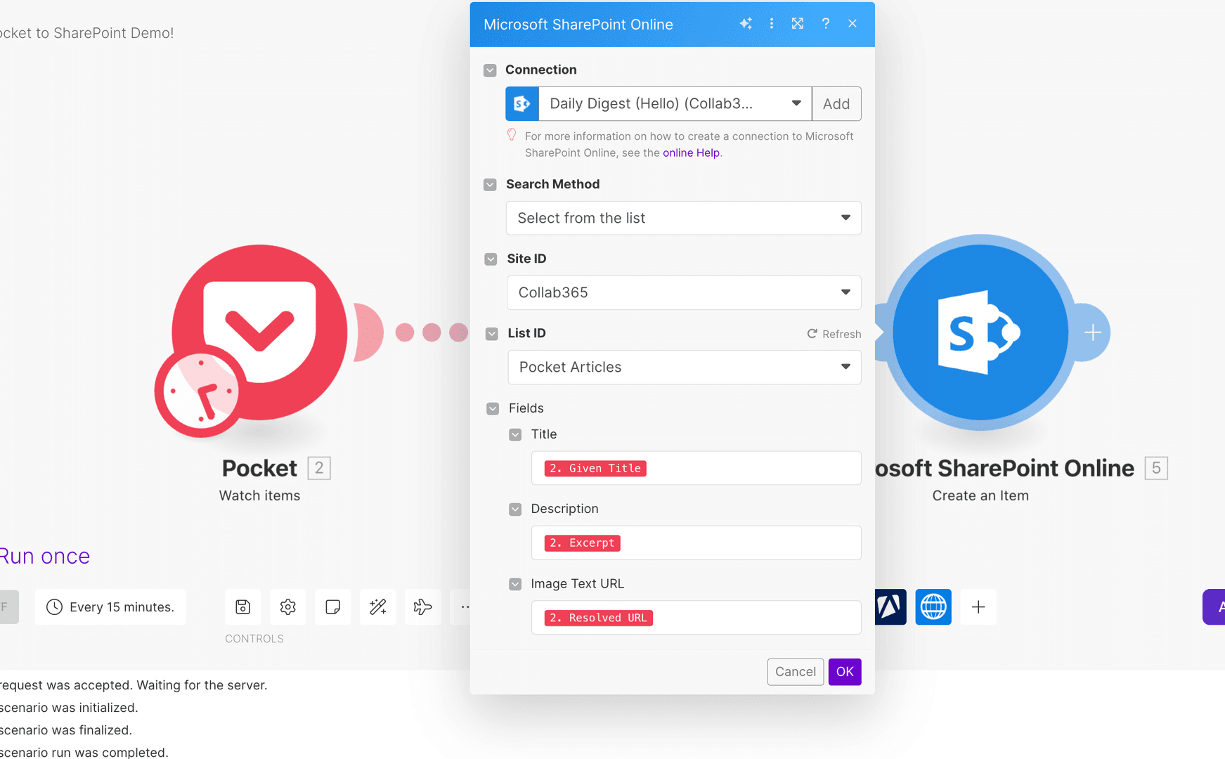 configure the sharepoint action in make