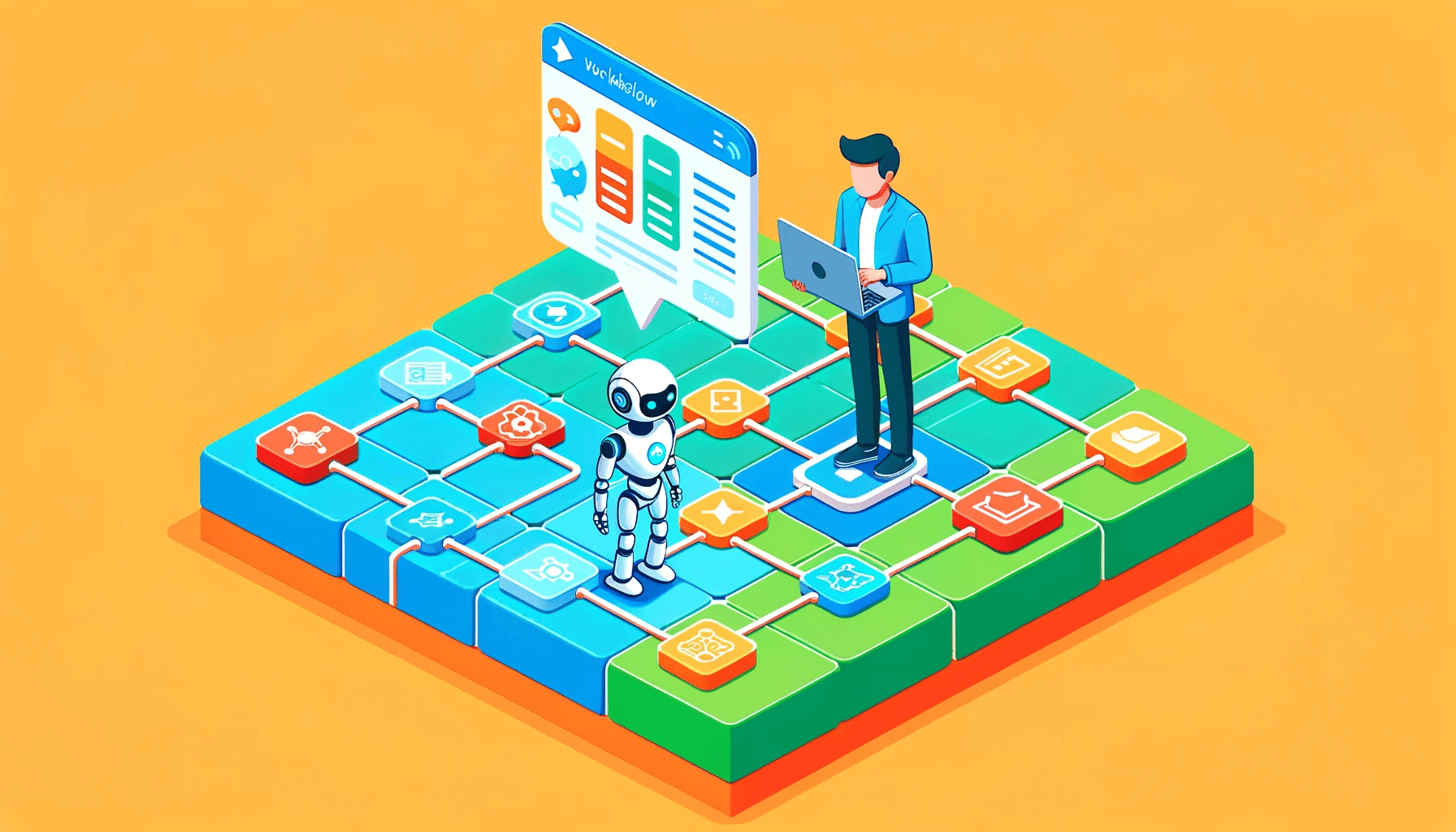 dall·e 2023 11 13 09.36.46 create a cartoon style isometric image of a single person and an ai robot working together on a workflow grid. the person is using a laptop, and both