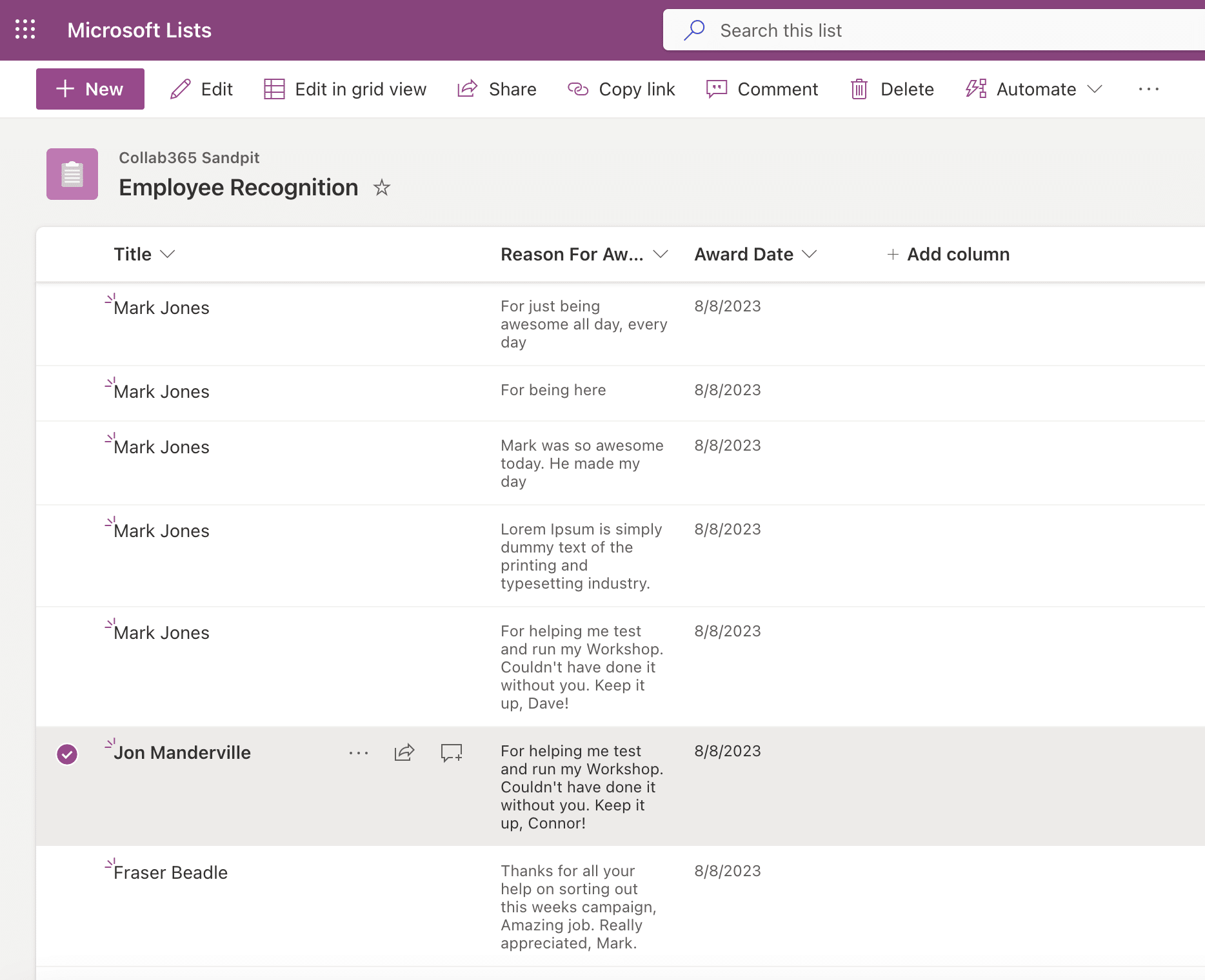 employee recognition list in sharepoint