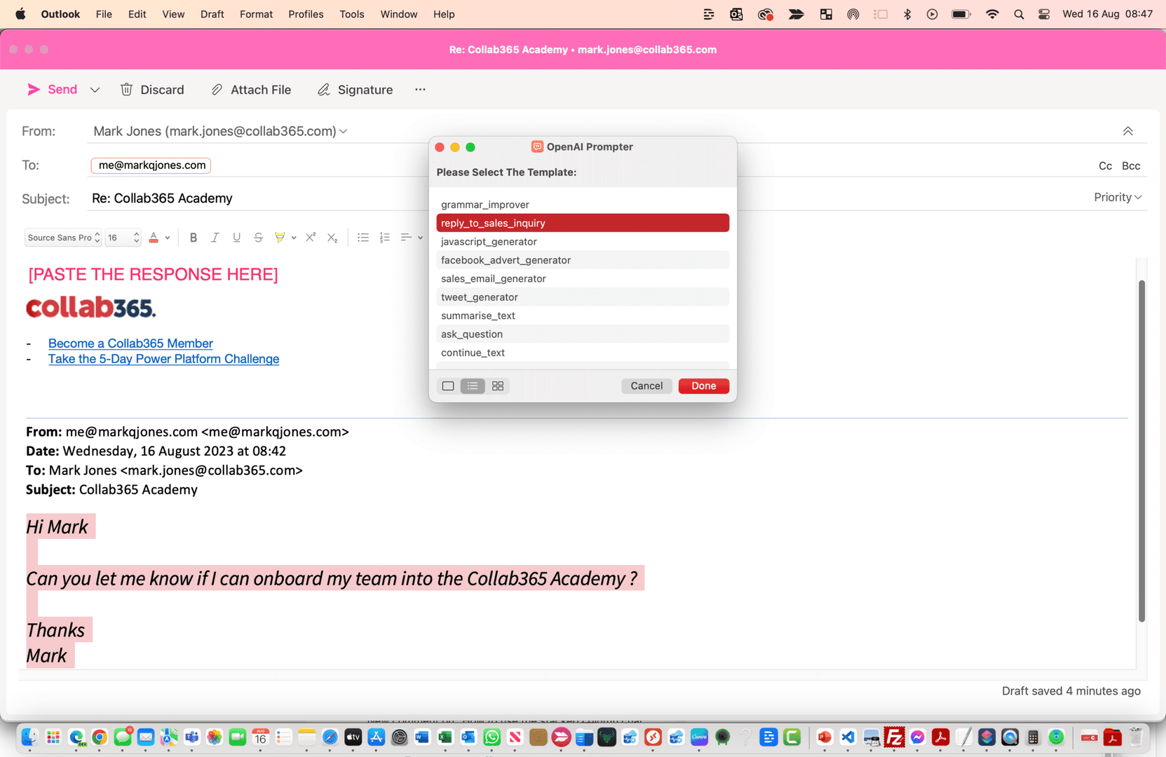 example of how this could be used in outlook
