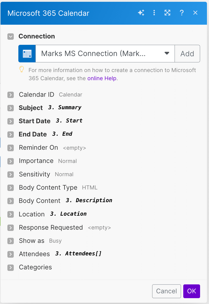 microsoft 365 calendar in make