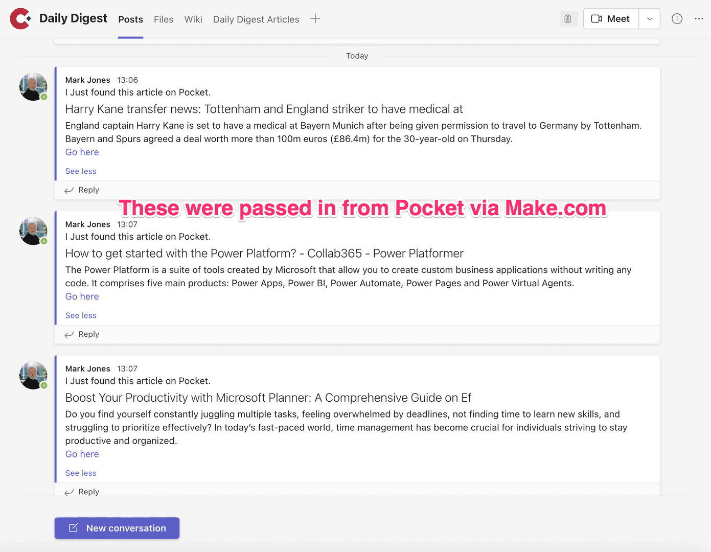 microsoft teams displaying messages from pocket