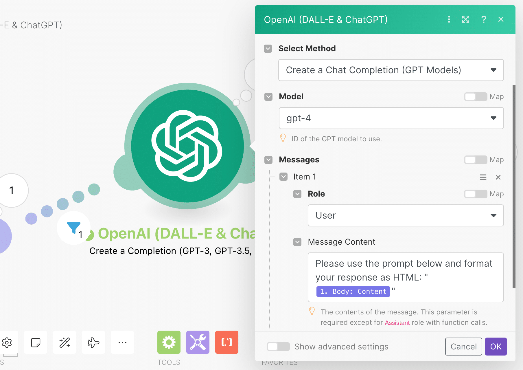 openai settings with content from teams message