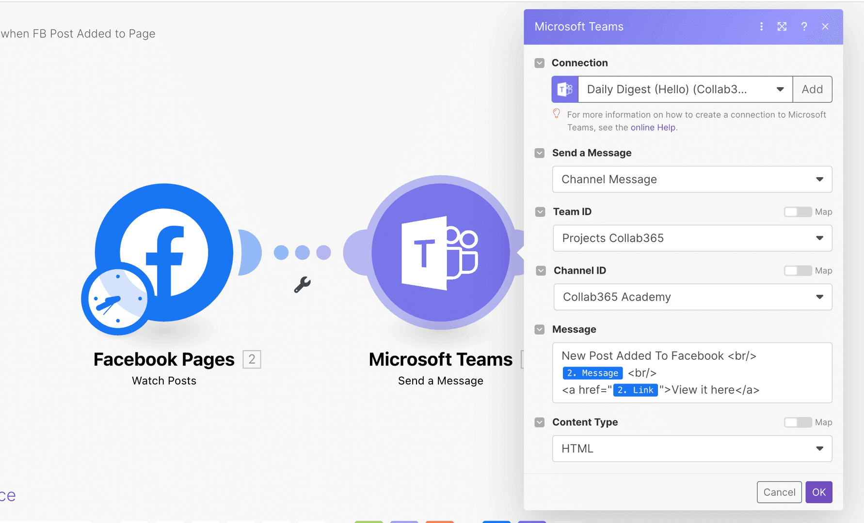 post new facebook post to microsoft teams channel