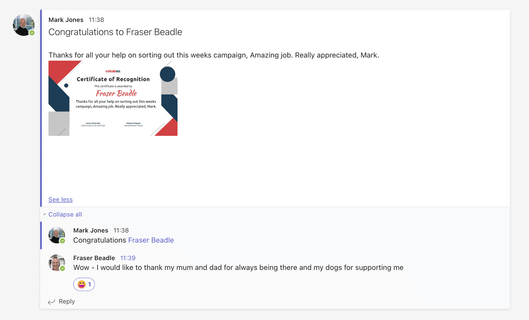 the final employee message in teams