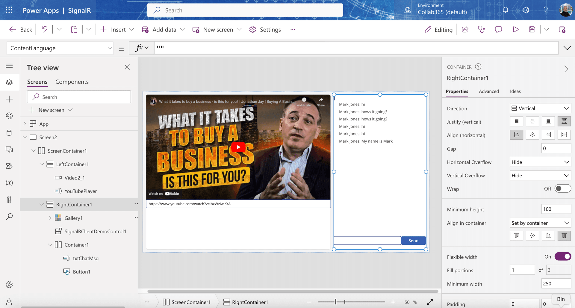the power app with a chat client and video player